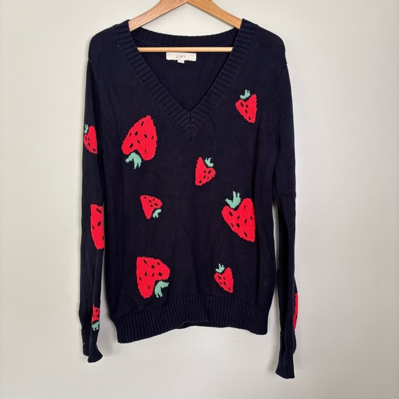 Ann Taylor LOFT Strawberry V-Neck Sweater-Navy Blue/Pink-Size Large-Novelty - Picture 4 of 7